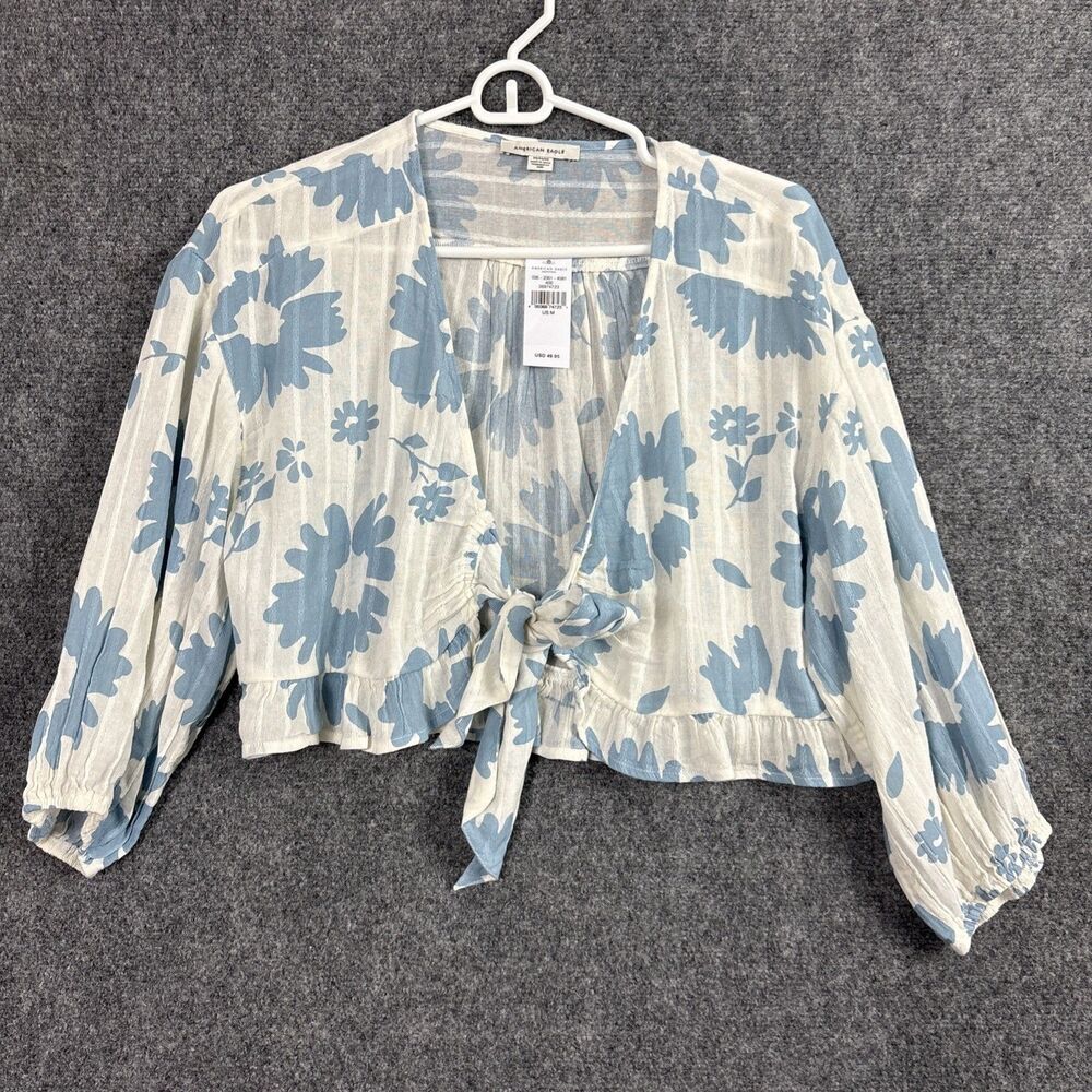 American Eagle Top Blouse Womens Size M Blue White Daisy Crop cottagecore Hippie